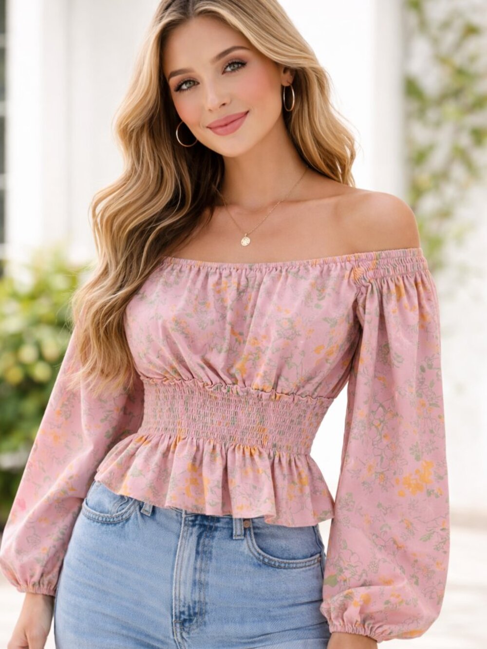 WAYF Floral Off Shoulder Smocked Top Pink Mauve Bouquet XS NWT